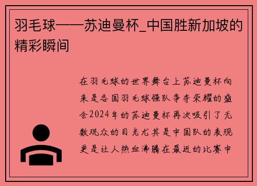 羽毛球——苏迪曼杯_中国胜新加坡的精彩瞬间