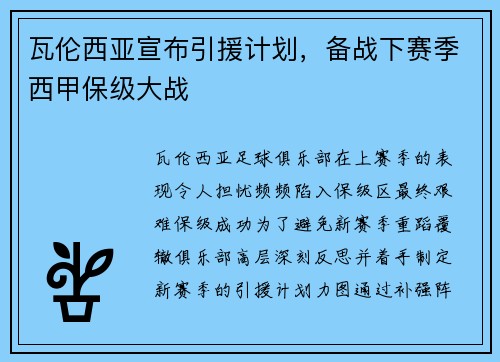 瓦伦西亚宣布引援计划，备战下赛季西甲保级大战