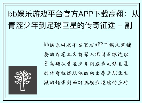 bb娱乐游戏平台官方APP下载高翔：从青涩少年到足球巨星的传奇征途 - 副本