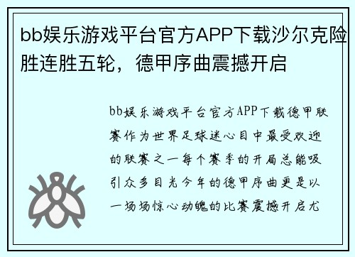 bb娱乐游戏平台官方APP下载沙尔克险胜连胜五轮，德甲序曲震撼开启